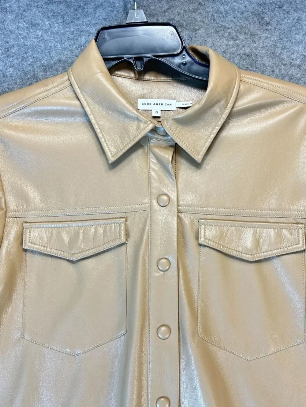 Good American Soft Leather Shacket Jacket Womens 3 Tan Snap‎ Closer Relaxed Fit